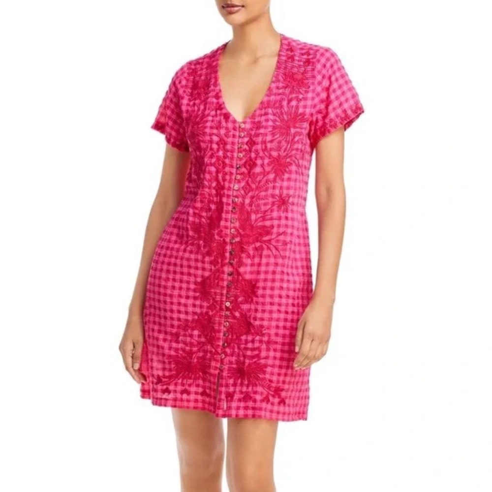 Johnny Was Devere Breezy Dress Pink Plaid Floral Embroidery Size Large
